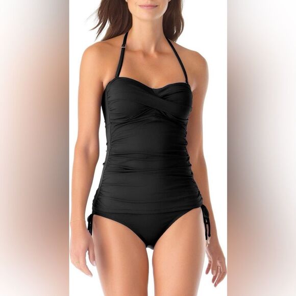 NWT Anne Cole | Women's Solid Twist Front Bandeaukini Swimwear Top Black XL - Picture 1 of 7